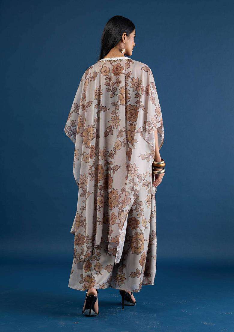 Olive Georgette Floral Printed Cape Bustier Top and Pant Set of 3 for Women Festive Wear - Indya