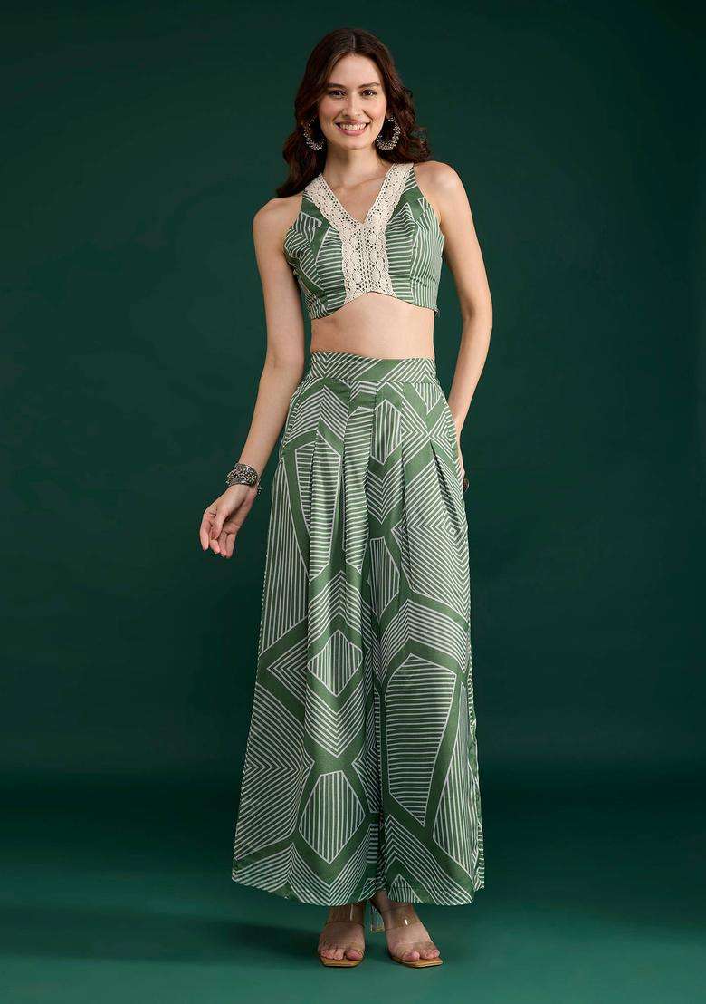 Olive Georgette Print Crop Top and Pant Set of 2 for Women Fusion Wear - Indya