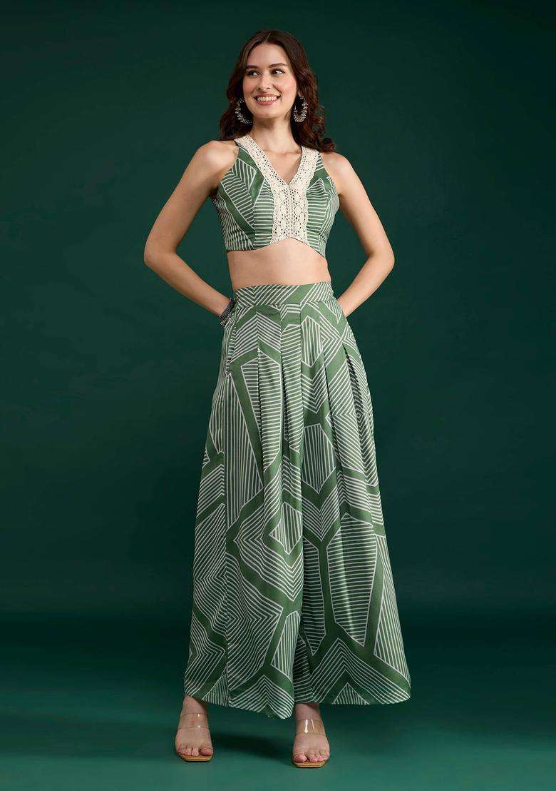Olive Georgette Print Crop Top and Pant Set of 2 for Women Fusion Wear - Indya