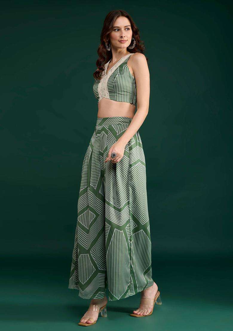 Olive Georgette Print Crop Top and Pant Set of 2 for Women Fusion Wear - Indya