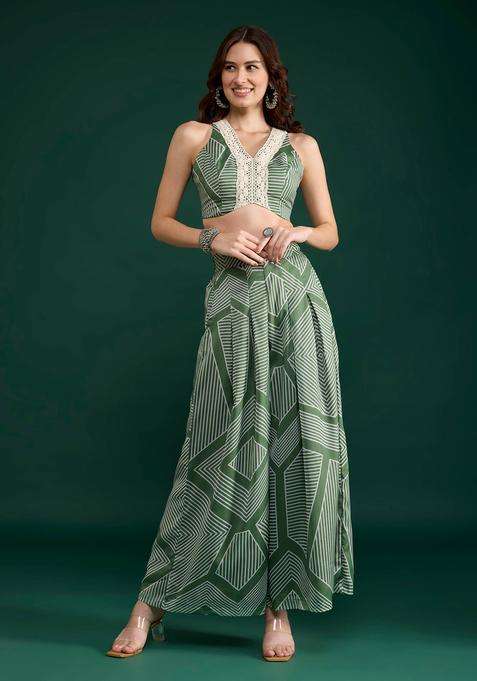 Olive Georgette Print Crop Top and Pant Set of 2 for Women Fusion Wear