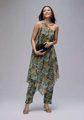 Olive Georgette Printed One Shoulder Kurta and Pant Co Ord Set of 2 for Women Fusion Wear