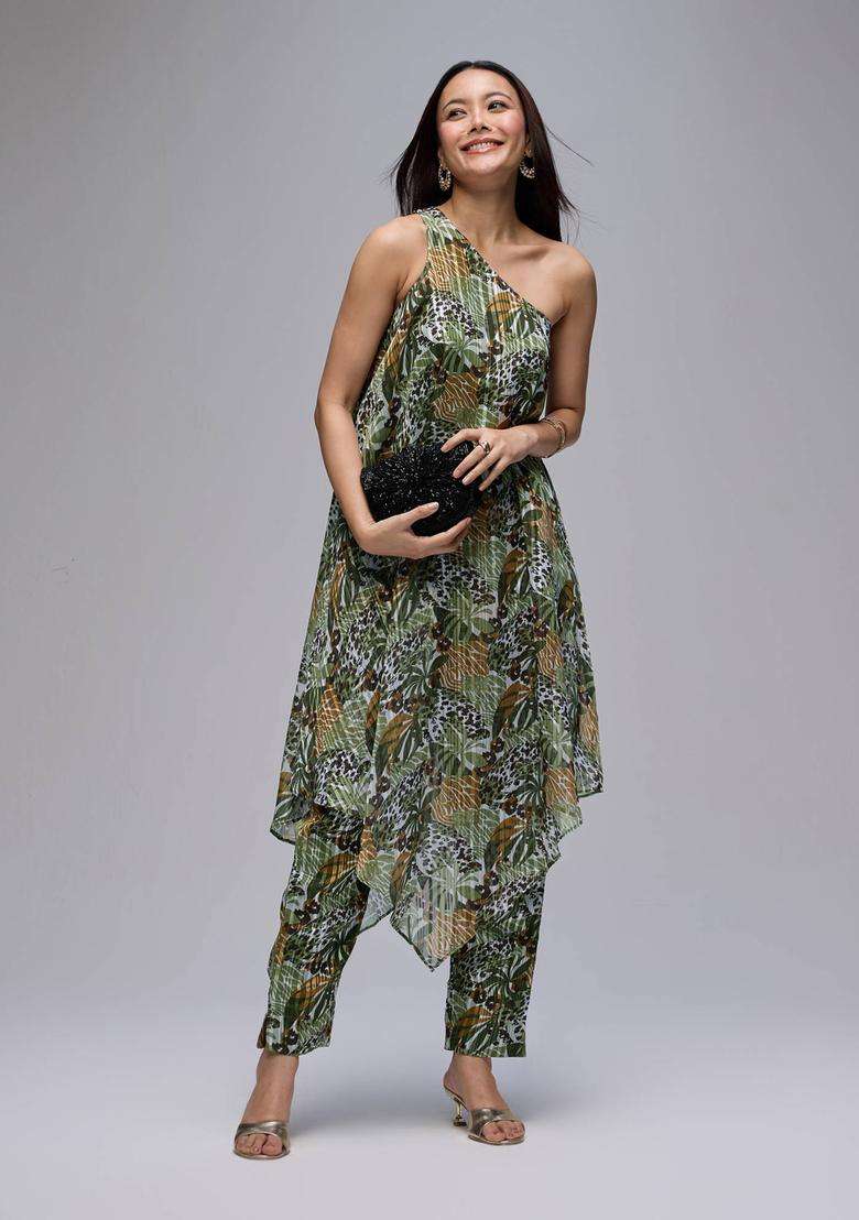 Olive Georgette Printed One Shoulder Kurta and Pant Co Ord Set of 2 for Women Fusion Wear - Indya
