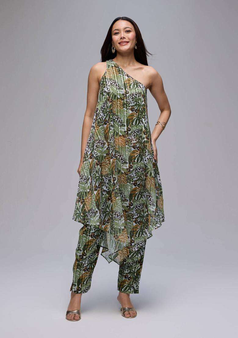 Olive Georgette Printed One Shoulder Kurta and Pant Co Ord Set of 2 for Women Fusion Wear - Indya