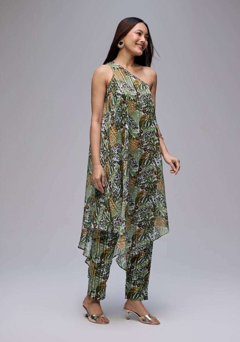 Olive Georgette Printed One Shoulder Kurta and Pant Co Ord Set of 2 for Women Fusion Wear - Indya