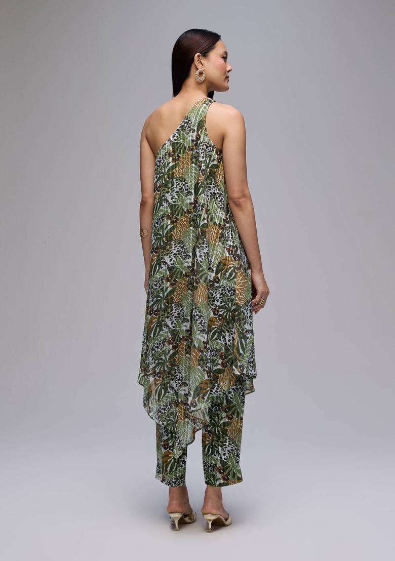 Olive Georgette Printed One Shoulder Kurta and Pant Co Ord Set of 2 for Women Fusion Wear - Indya