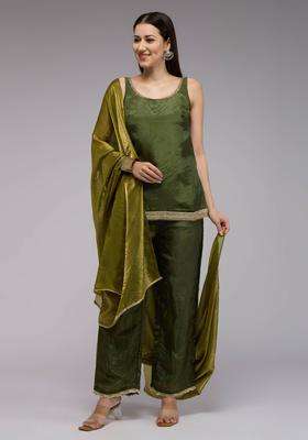 Olive Tissue Embellished Kurta and Pant with Dupatta Set of 3 for Women Festive Wear