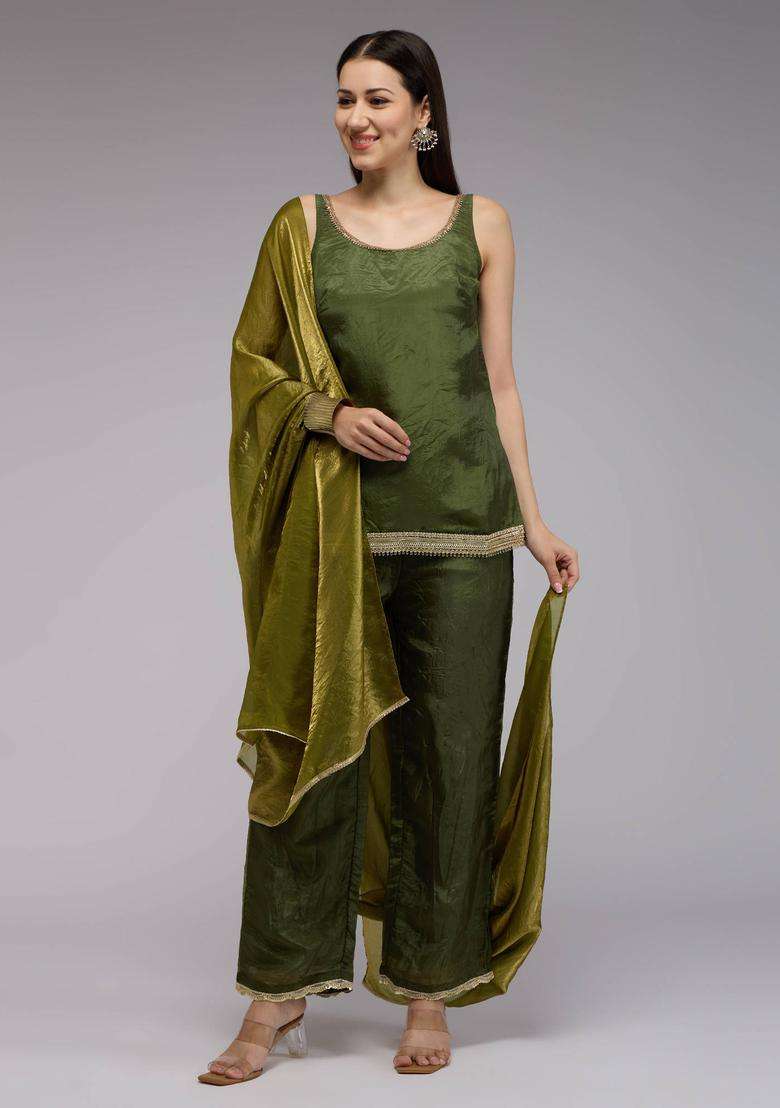 Olive Tissue Embellished Kurta and Pant with Dupatta Set of 3 for Women Festive Wear - Indya