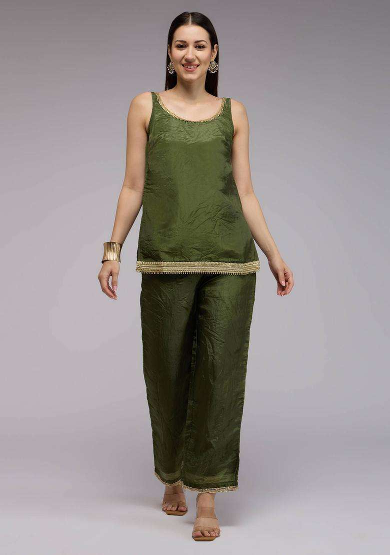 Olive Tissue Embellished Kurta and Pant with Dupatta Set of 3 for Women Festive Wear - Indya