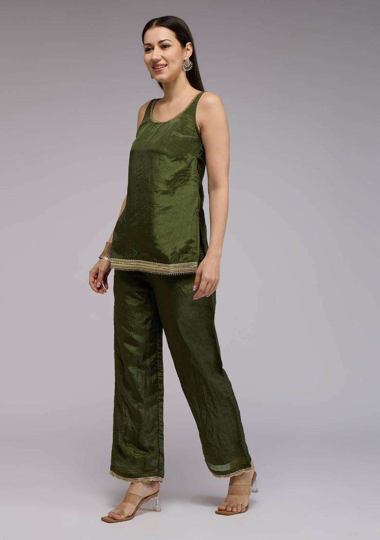 Olive Tissue Embellished Kurta and Pant with Dupatta Set of 3 for Women Festive Wear - Indya