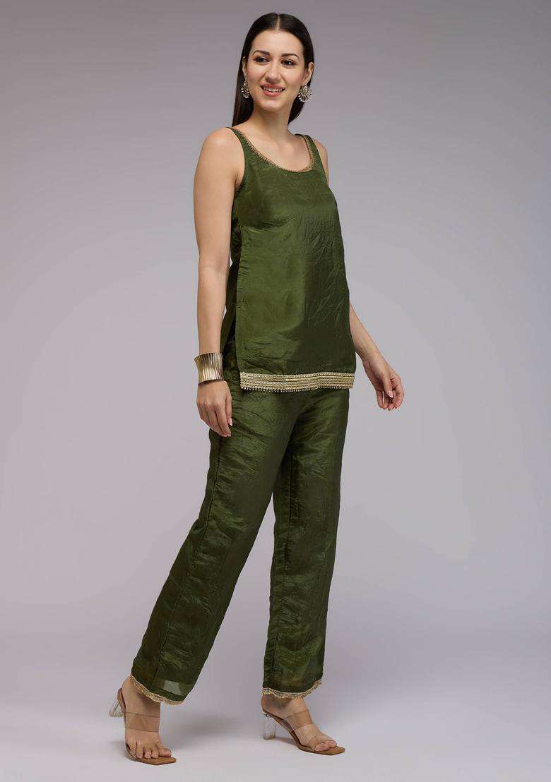 Olive Tissue Embellished Kurta and Pant with Dupatta Set of 3 for Women Festive Wear - Indya