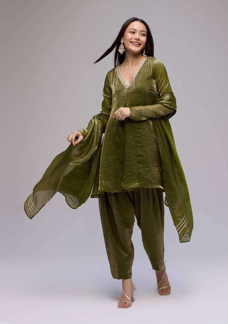 Olive Tissue Embellished Short Anarkali Salwar Dupatta Set of 3 for Women Wedding Wear - Indya