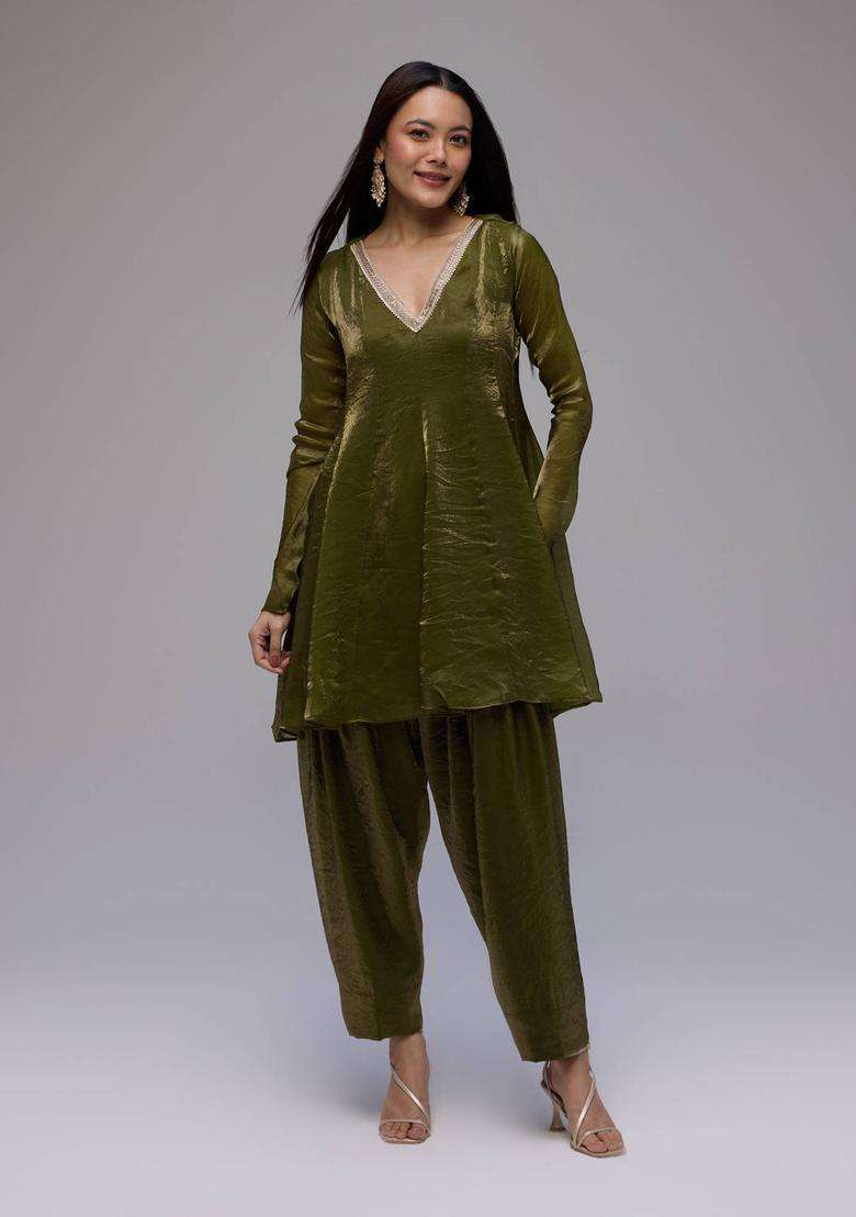 Olive Tissue Embellished Short Anarkali Salwar Dupatta Set of 3 for Women Wedding Wear - Indya