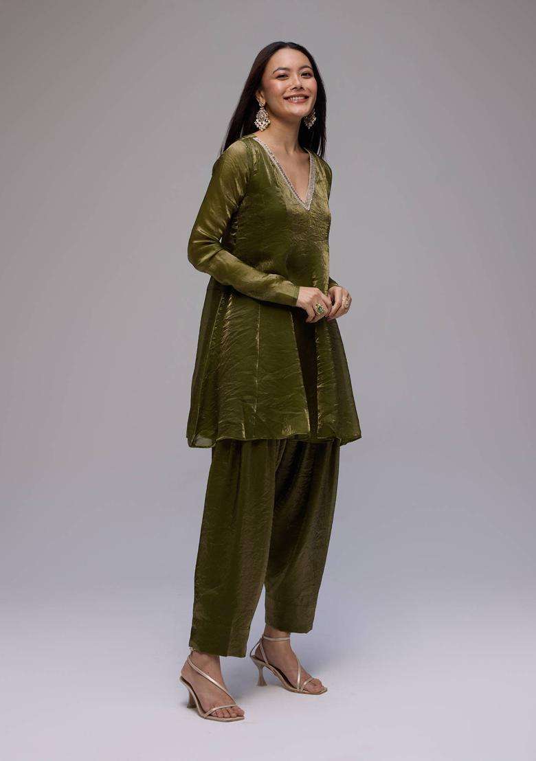 Olive Tissue Embellished Short Anarkali Salwar Dupatta Set of 3 for Women Wedding Wear - Indya
