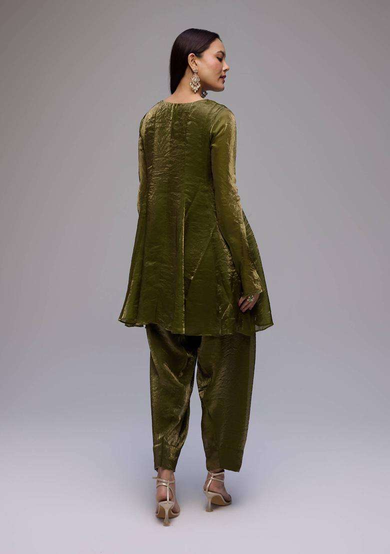 Olive Tissue Embellished Short Anarkali Salwar Dupatta Set of 3 for Women Wedding Wear - Indya