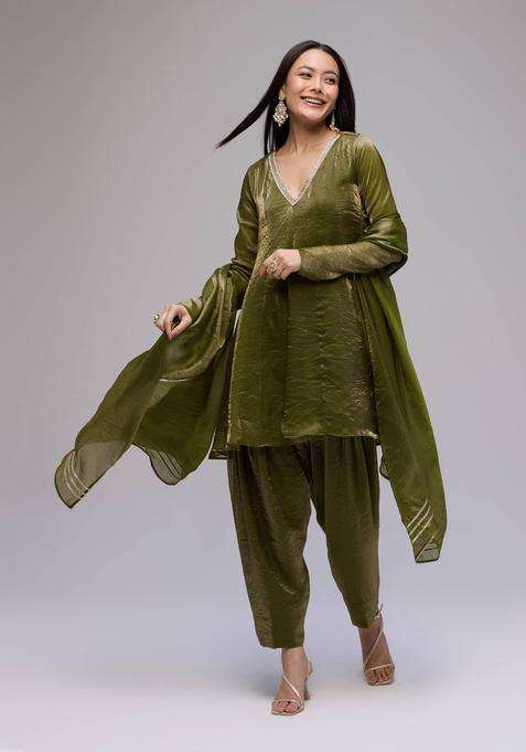 Olive Tissue Embellished Short Anarkali Salwar Dupatta Set of 3 for Women Wedding Wear