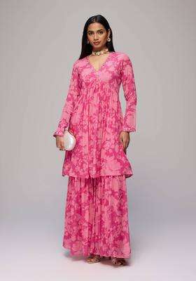Pink Chinon Floral Print Empire Kurta with Sharara Set of 2 for Women Festive Wear