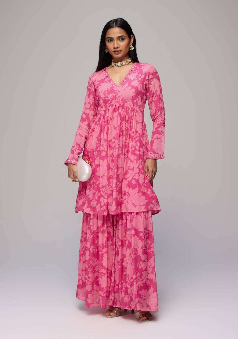 Pink Chinon Floral Print Empire Kurta with Sharara Set of 2 for Women Festive Wear - Indya