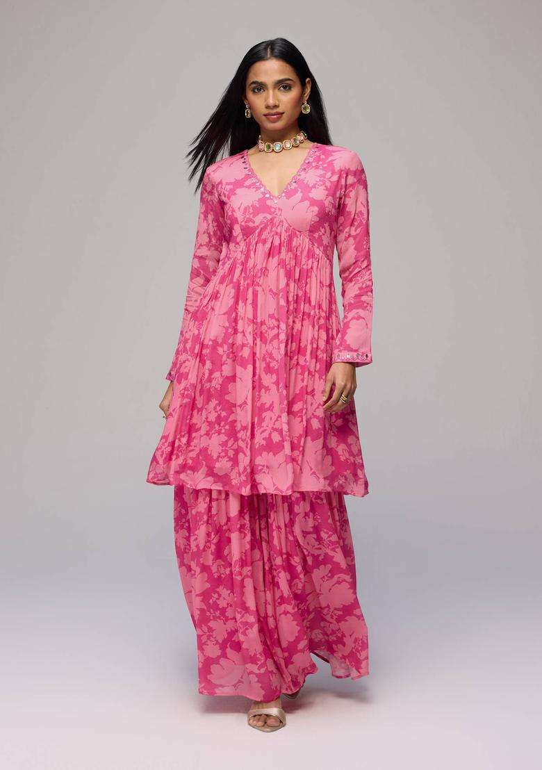 Pink Chinon Floral Print Empire Kurta with Sharara Set of 2 for Women Festive Wear - Indya