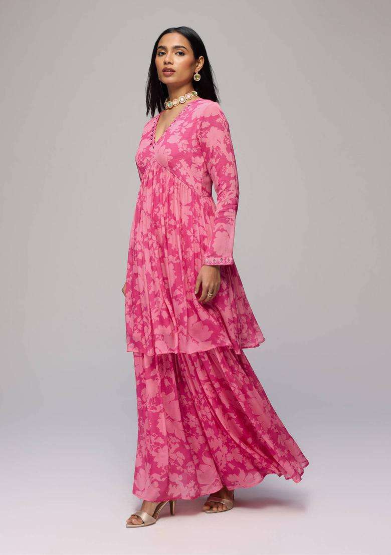 Pink Chinon Floral Print Empire Kurta with Sharara Set of 2 for Women Festive Wear - Indya