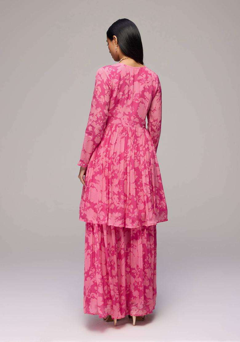 Pink Chinon Floral Print Empire Kurta with Sharara Set of 2 for Women Festive Wear - Indya