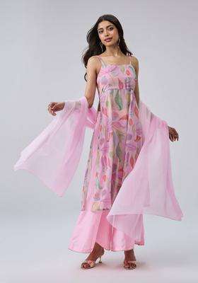 Pink Poly Silk Printed Strappy Kurta Pant and Dupatta Set of 3 for Women Wedding Wear