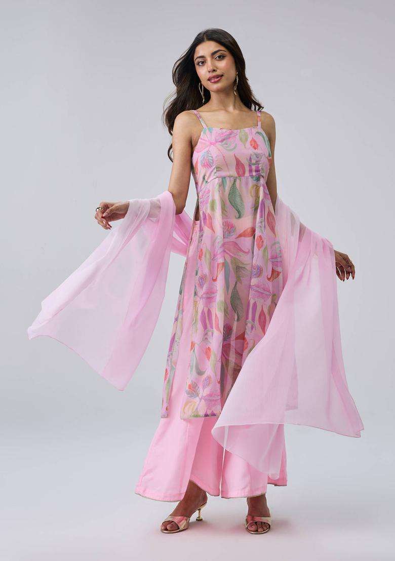 Pink Poly Silk Printed Strappy Kurta Pant and Dupatta Set of 3 for Women Wedding Wear - Indya