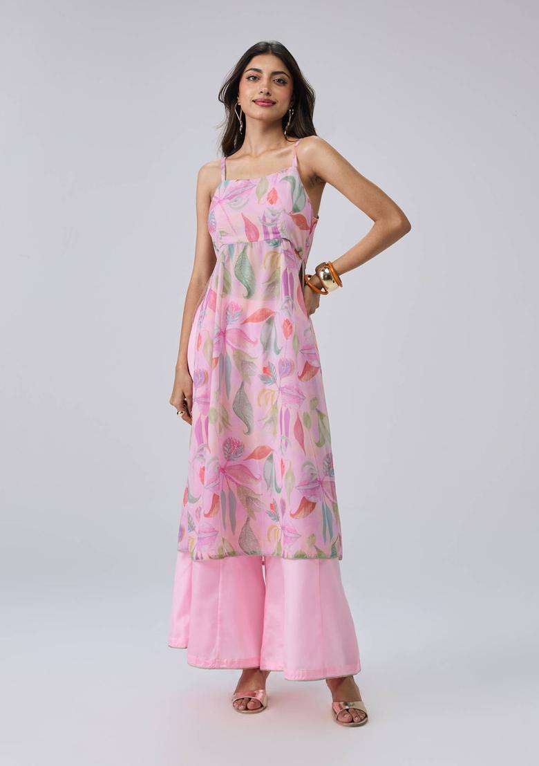 Pink Poly Silk Printed Strappy Kurta Pant and Dupatta Set of 3 for Women Wedding Wear - Indya