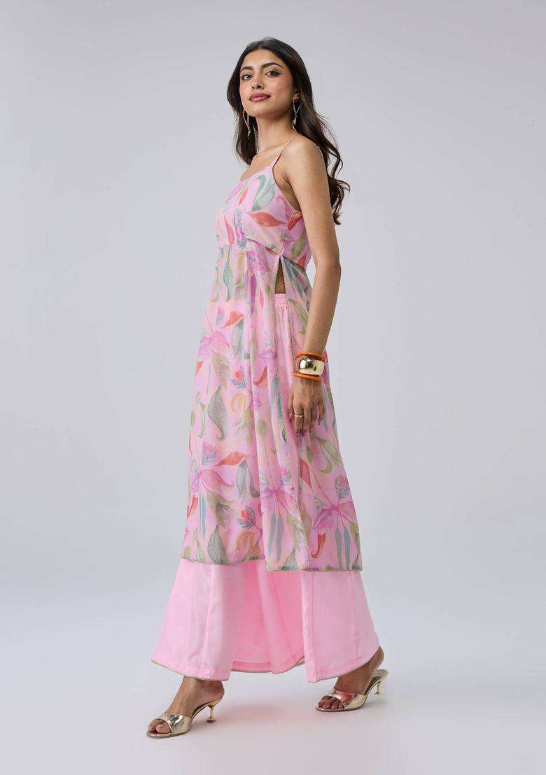 Pink Poly Silk Printed Strappy Kurta Pant and Dupatta Set of 3 for Women Wedding Wear - Indya