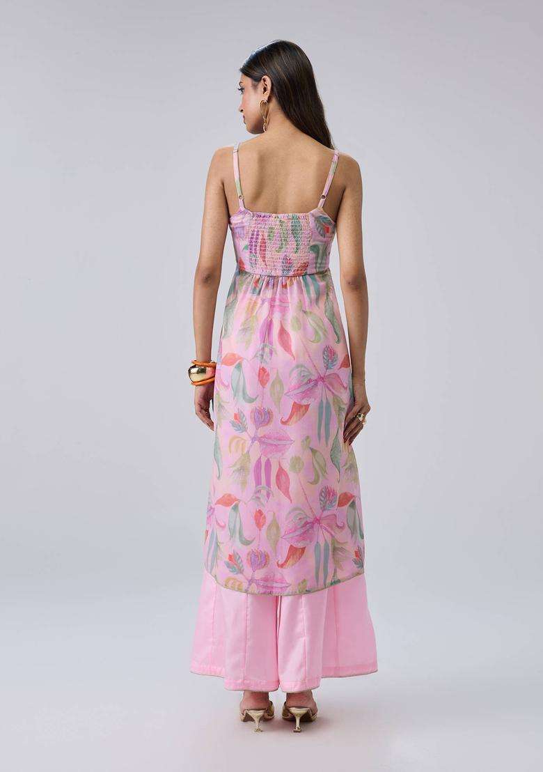 Pink Poly Silk Printed Strappy Kurta Pant and Dupatta Set of 3 for Women Wedding Wear - Indya