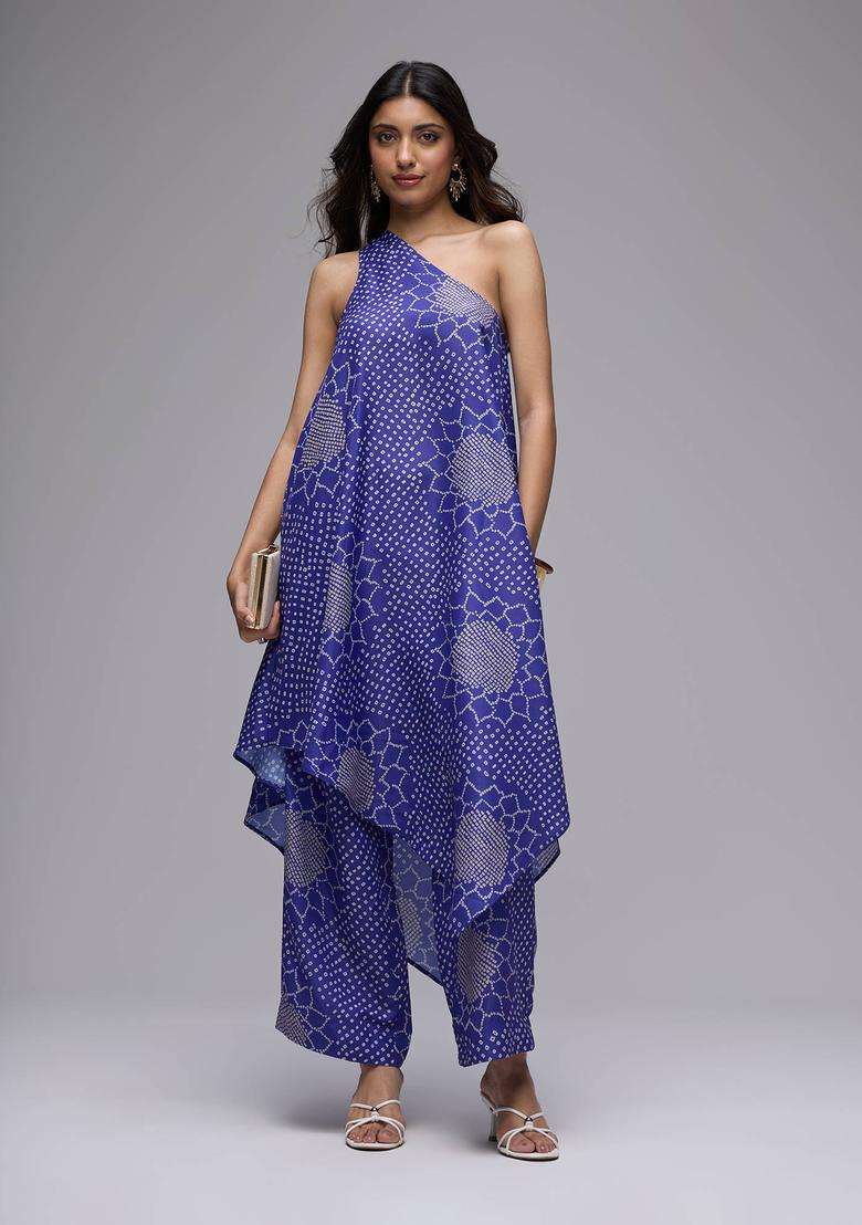 Purple Muslin Bandhani Print Kurta with Straight Pant Set of 2 for Women Fusion Wear - Indya