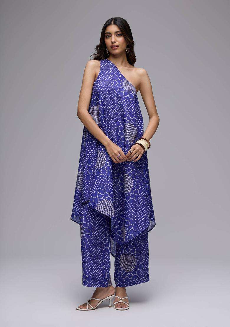 Purple Muslin Bandhani Print Kurta with Straight Pant Set of 2 for Women Fusion Wear - Indya