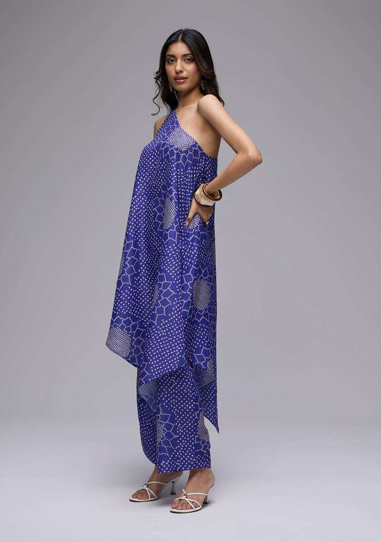 Purple Muslin Bandhani Print Kurta with Straight Pant Set of 2 for Women Fusion Wear - Indya