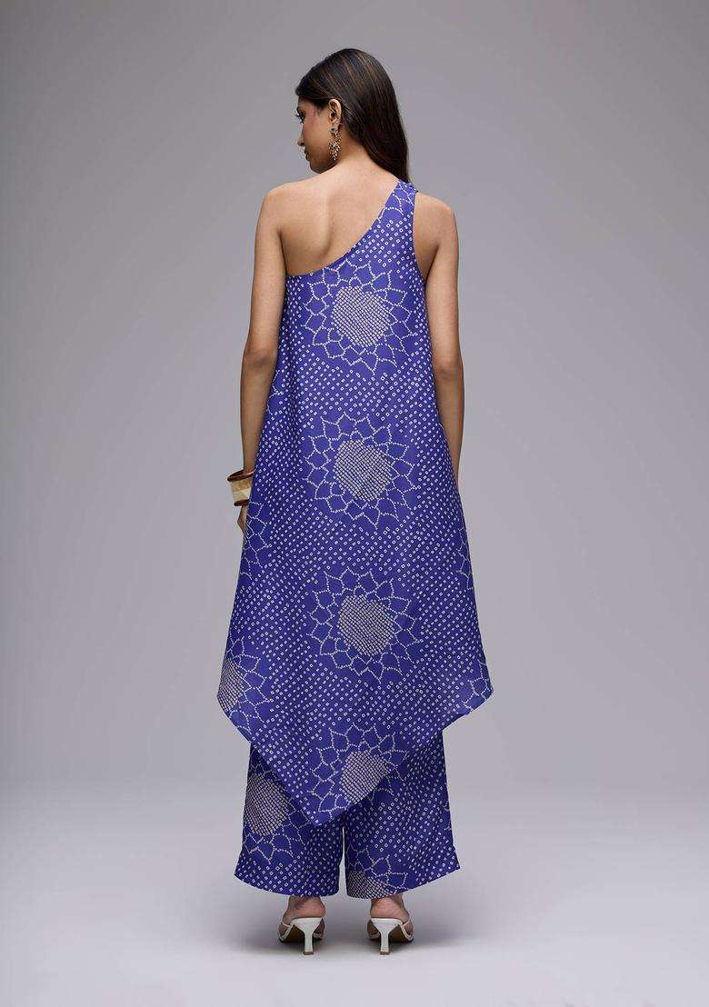 Purple Muslin Bandhani Print Kurta with Straight Pant Set of 2 for Women Fusion Wear - Indya