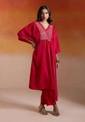 Red Silk Sequin Embroidered Kaftan Kurta and Pant Set of 2 for Women Festive Wear