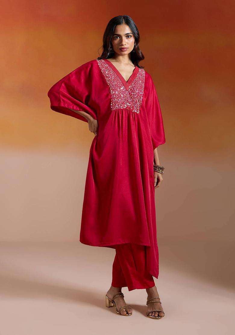 Red Silk Sequin Embroidered Kaftan Kurta and Pant Set of 2 for Women Festive Wear - Indya