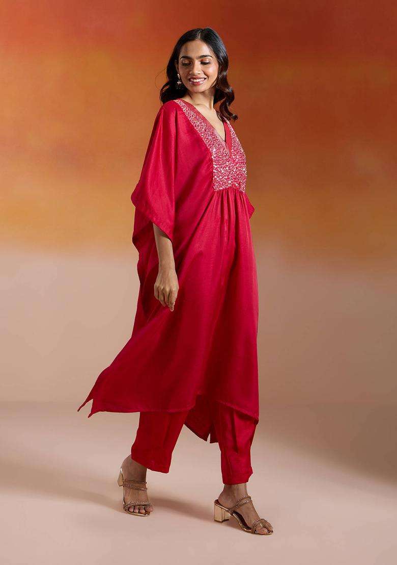 Red Silk Sequin Embroidered Kaftan Kurta and Pant Set of 2 for Women Festive Wear - Indya