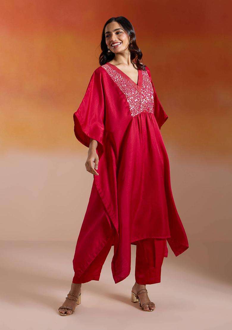 Red Silk Sequin Embroidered Kaftan Kurta and Pant Set of 2 for Women Festive Wear - Indya