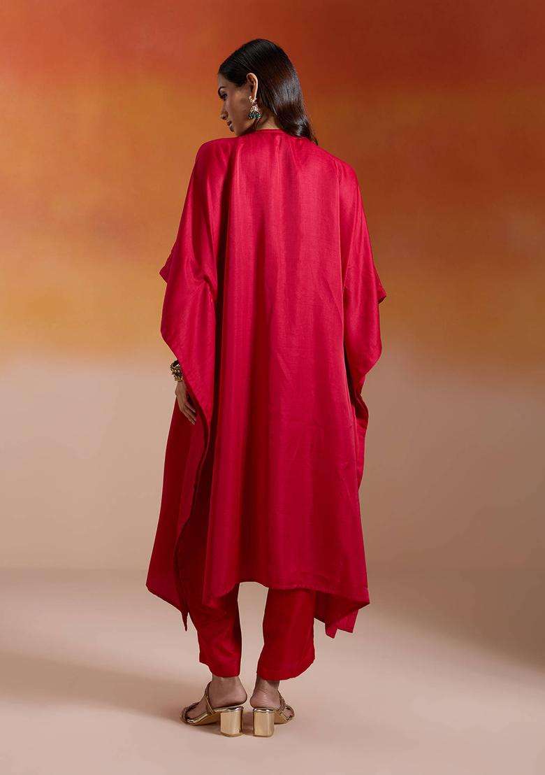 Red Silk Sequin Embroidered Kaftan Kurta and Pant Set of 2 for Women Festive Wear - Indya