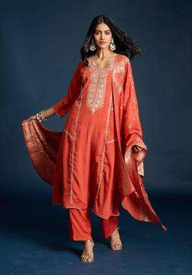 Rust Muslin Embroidered Kurta Pant and Dupatta Set of 3 for Women Festive Wear