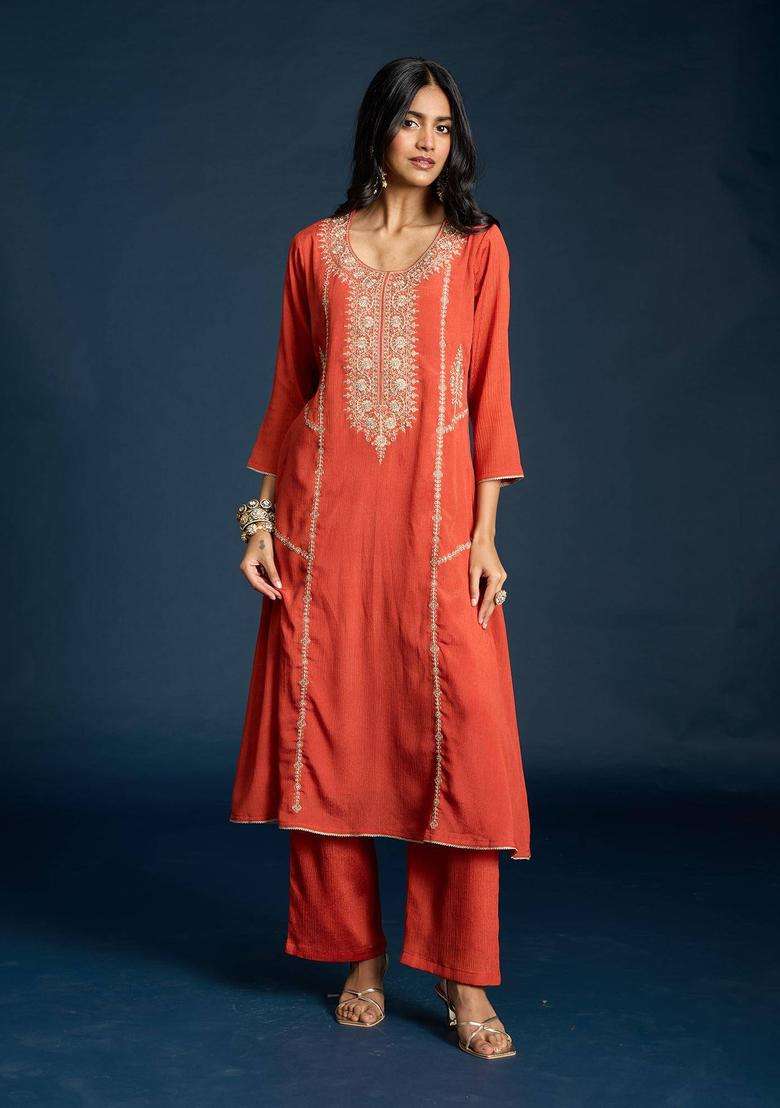 Rust Muslin Embroidered Kurta Pant and Dupatta Set of 3 for Women Festive Wear - Indya