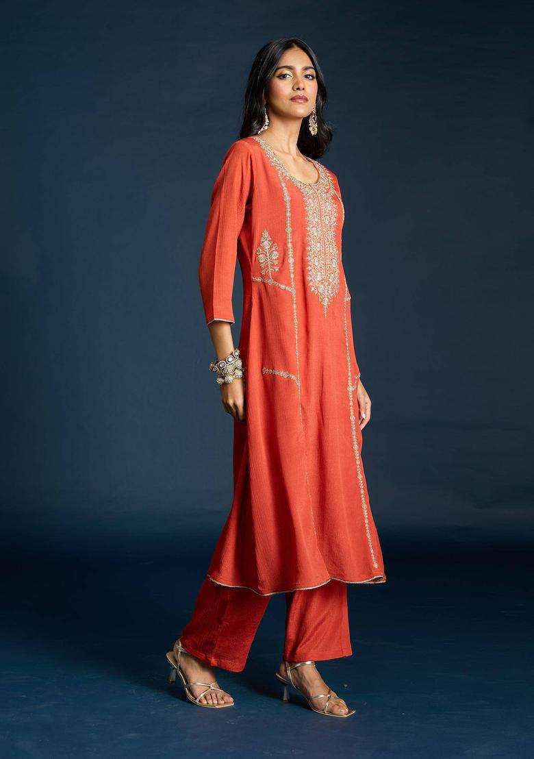 Rust Muslin Embroidered Kurta Pant and Dupatta Set of 3 for Women Festive Wear - Indya