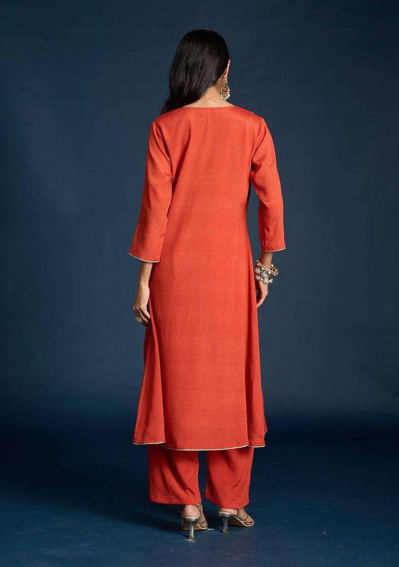 Rust Muslin Embroidered Kurta Pant and Dupatta Set of 3 for Women Festive Wear - Indya