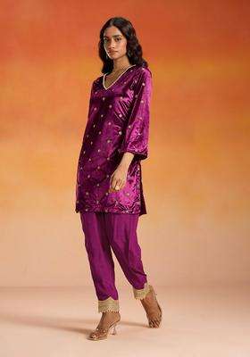 Velvet Wine Velour Gold Butti Embroidered Kurta Semi Salwar for Women Festive Wear