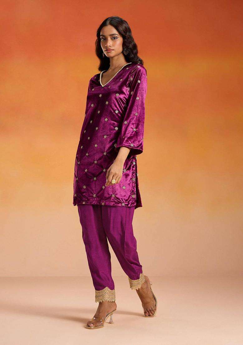 Velvet Wine Velour Gold Butti Embroidered Kurta Semi Salwar for Women Festive Wear - Indya