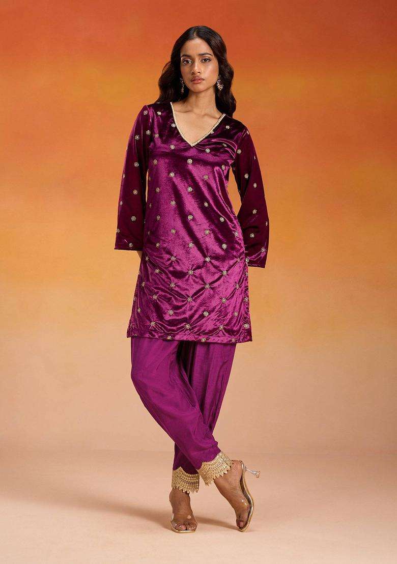 Velvet Wine Velour Gold Butti Embroidered Kurta Semi Salwar for Women Festive Wear - Indya