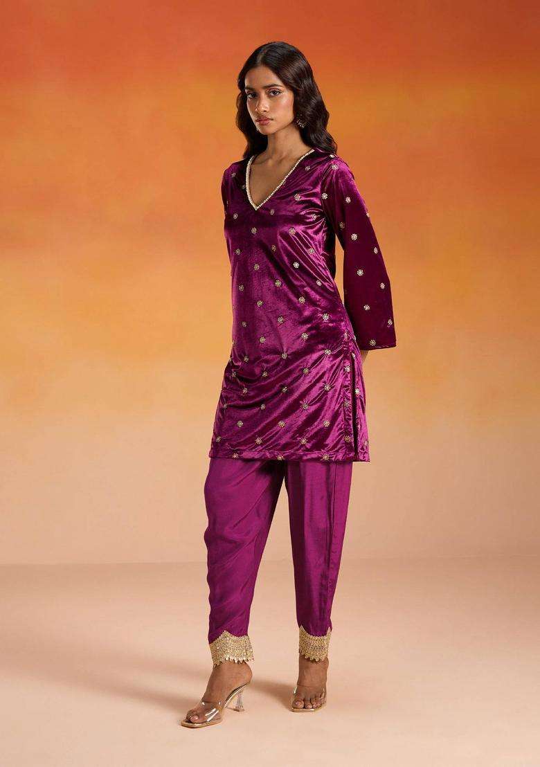 Velvet Wine Velour Gold Butti Embroidered Kurta Semi Salwar for Women Festive Wear - Indya