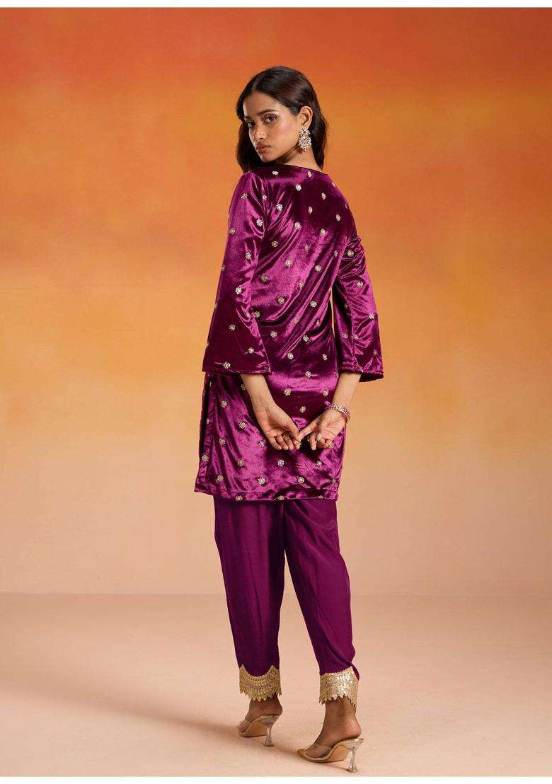 Velvet Wine Velour Gold Butti Embroidered Kurta Semi Salwar for Women Festive Wear - Indya
