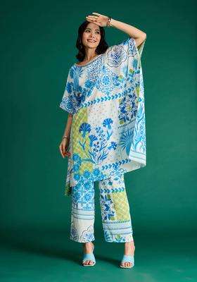 White Crepe Printed Kaftan Kurta and Pant Citrus Sorbet Set of 2 for Women Festive Wear