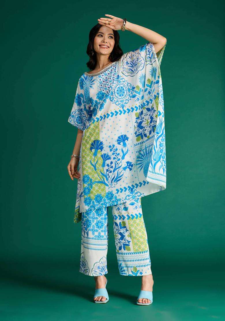 White Crepe Printed Kaftan Kurta and Pant Citrus Sorbet Set of 2 for Women Festive Wear - Indya